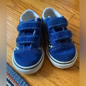 Vans Old Skool Velcro Suede Blue Checkerboard Flame Sneakers, Toddler size 6